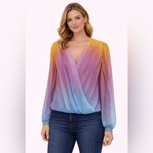 Flying Tomato Surplice Colorful Long Sleeve Top; Ombré Rainbow Chiffon Blouse